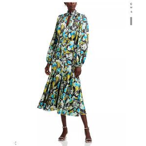 Cinq a Sept Maxi Dress Womens 0 Multi Floral Ruffle Hem Long Sleeve Back Zip